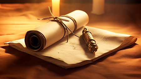 Graduation diploma scroll and candle on the table. Selective focus.の素材