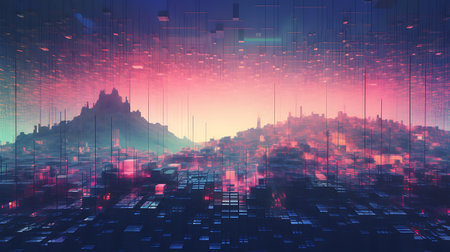 Abstract digital city with glowing lights. Technology and future concept. 3D Renderingの素材