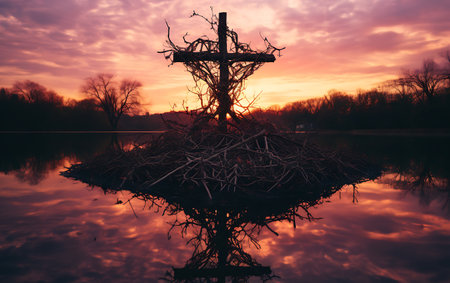 Cross on the lake at sunset. Cross of Jesus on the lakeの素材