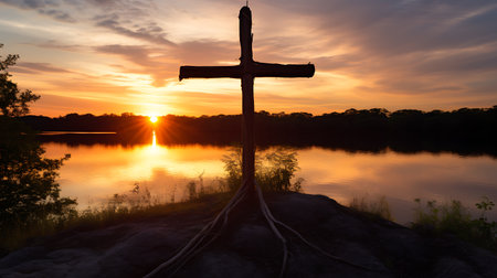Cross at sunset with silhouette of Jesus Christ on the river bank.の素材