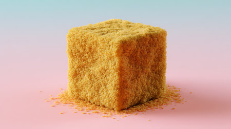 Yellow sugar cube on pink and blue background. 3d illustration.の素材
