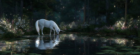 White horse in the forest at night. 3d render illustration.の素材