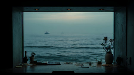 View of the sea through the window of a private house in the eveningの素材
