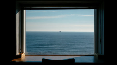 View from the window to the sea and a ship in the distanceの素材
