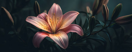 Beautiful pink lily flower on dark background. Toned.の素材