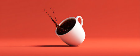 Cup of coffee with splash on red background. 3d illustrationの素材