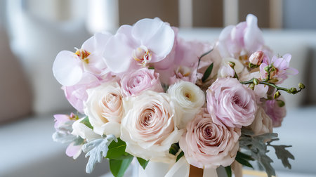 Bouquet of pink and white roses in a vase.の素材