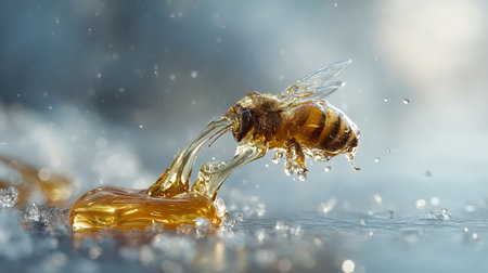 Honey dripping down from a bee. Macro shot with shallow depth of fieldの素材