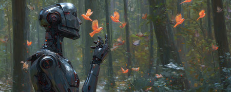 3D rendering of a female robot with red fish in the forestの素材