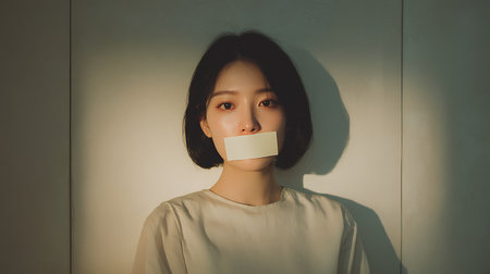 Portrait of asian woman with adhesive tape on her mouth.の素材