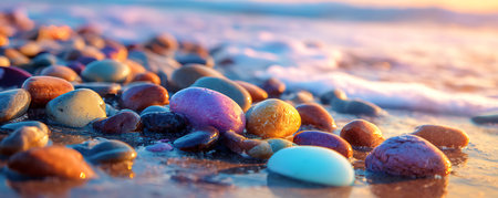 Colorful pebble stones on the beach at sunset. Nature backgroundの素材