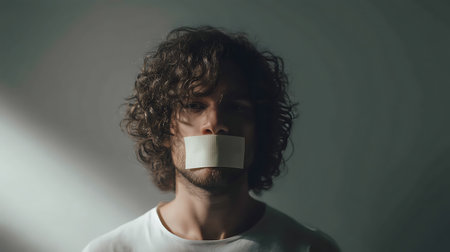 Man with adhesive tape on his mouth. Portrait of young man with taped mouth.の素材