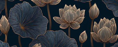 Vector seamless pattern with hand drawn lotus flowers. Botanical illustration.の素材