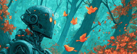 Digital painting of a robot in the forest with birds flying around.の素材