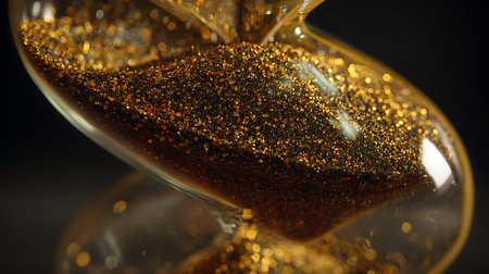 Close up of an hourglass with golden sand on black background.の素材