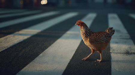chicken walking on the crosswalk in the city at night.の素材