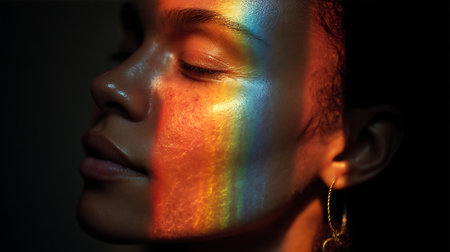 Portrait of a beautiful woman with multicolored makeup on her faceの素材