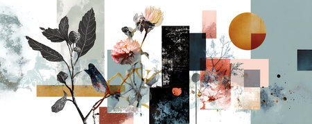 Abstract floral background with watercolor blots, flowers and geometric shapesの素材