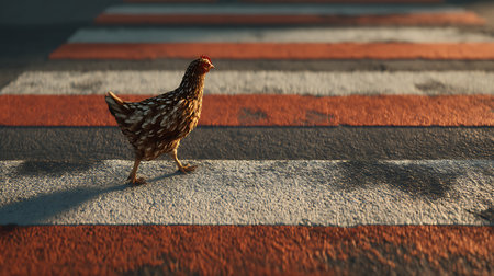 chicken walking on the crosswalk in zebra crossing at sunsetの素材