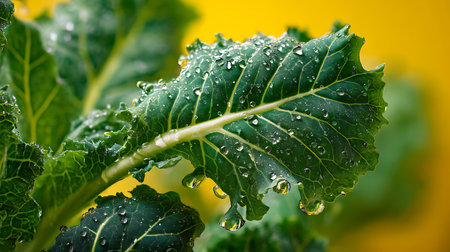 Close up of fresh green kale leaves with water drops on yellow backgroundの素材