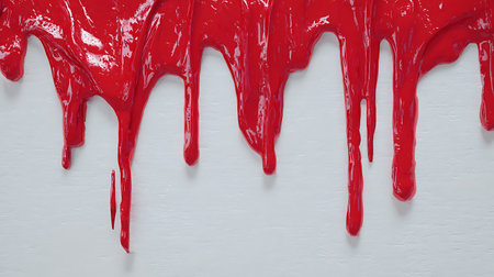 Red paint dripping down on white background. Top view with copy spaceの素材