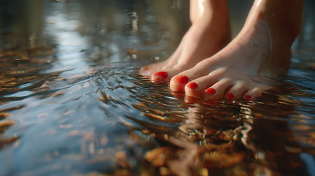 Close up of female feet with red nail polish in the water.の素材