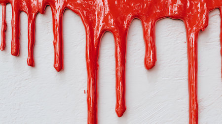 Red paint dripping on white wall. Abstract background and texture for design.の素材