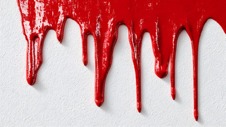 Red paint drips on a white background. Top view, flat layの素材