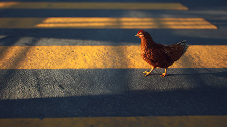 chicken walking on the crosswalk in the evening, stock photoの素材