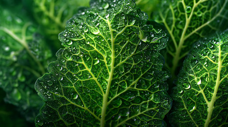 Fresh green savoy cabbage leaves with dew drops close-upの素材