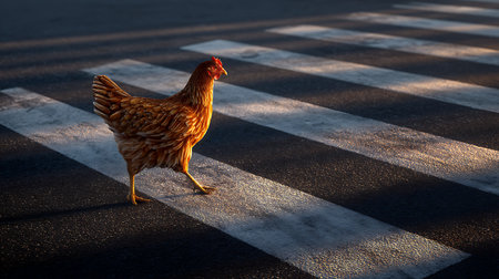 chicken walking on zebra crosswalk in the evening light.の素材