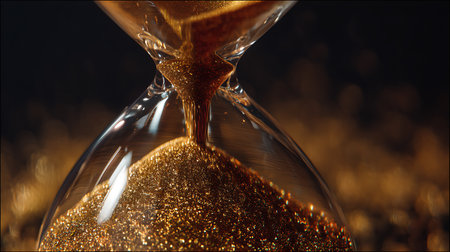 Close up of hourglass with golden sand on dark background. Time conceptの素材