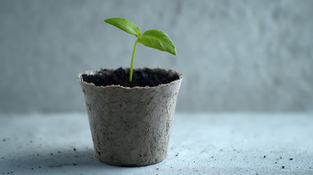 Green seedling in peat pot on concrete background with copy spaceの素材