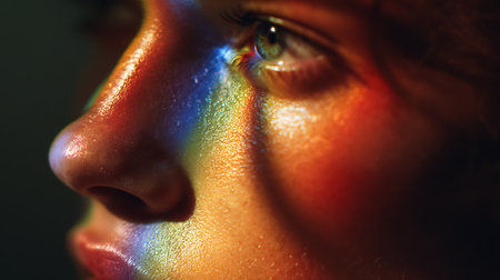 Close-up portrait of a beautiful young woman with multi-colored makeupの素材