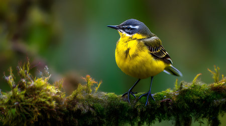 Yellow Wagtail (Motacilla flava) perched on a mossy branchの素材
