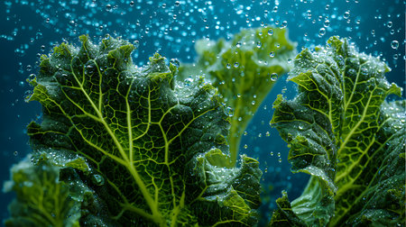 Close up of fresh green kale leaves with water drops on blue backgroundの素材