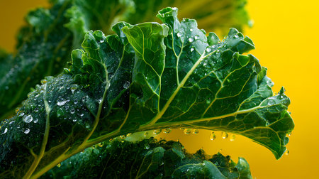 Cabbage with dew drops close-up on a yellow backgroundの素材