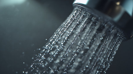 Shower head with flowing water, closeup. Showering in bathroomの素材