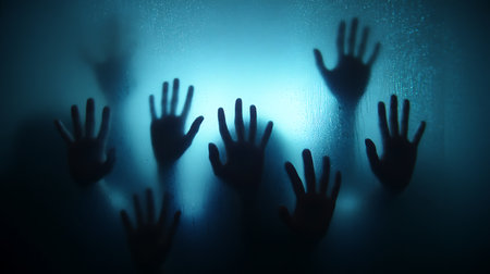 Halloween concept. Silhouettes of hands behind the glass.の素材