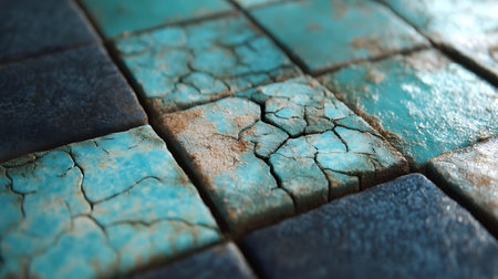 abstract background of cracked blue and turquoise ceramic tiles.の素材