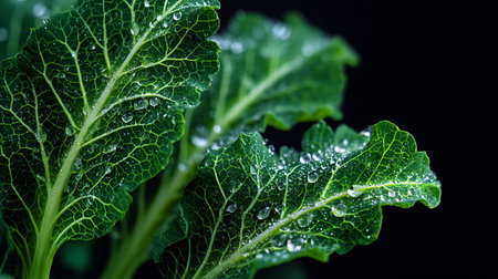 close up of fresh green kale leaf with water drops on black backgroundの素材