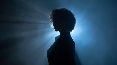 Silhouette of a girl in a dark room with lights and smokeの素材