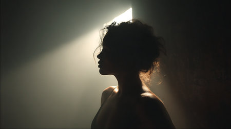 Silhouette of a beautiful young woman with long hair in a dark roomの素材