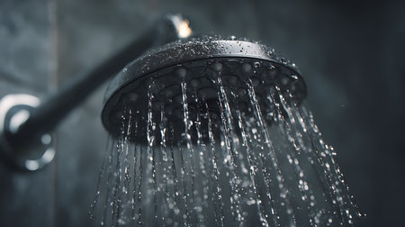 Shower head with water drops flowing down. Shower head on dark backgroundの素材