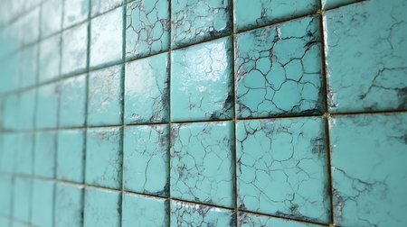 Turquoise ceramic tile wall with cracks and scratches, abstract backgroundの素材