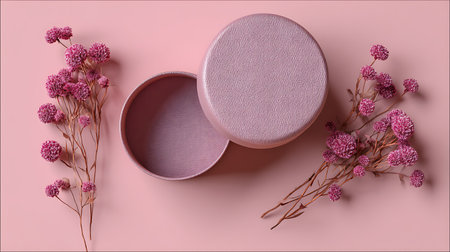 Round box with flowers on a pink background. Flat lay, top view.の素材