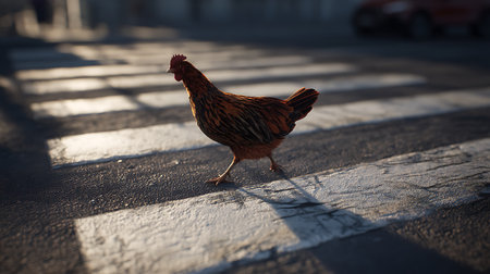 chicken walking on the street in the evening light. concept of agricultureの素材