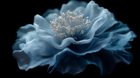Blue fabric flower isolated on black background, close-up, macroの素材