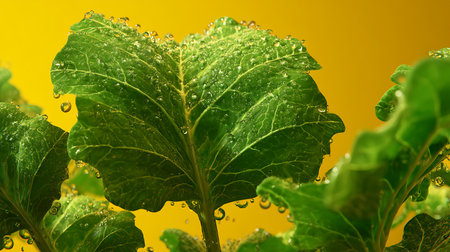 Closeup of green leaf with water droplets on yellow background.の素材