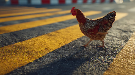 Chicken walking on the crosswalk in the city. Conceptual image.の素材